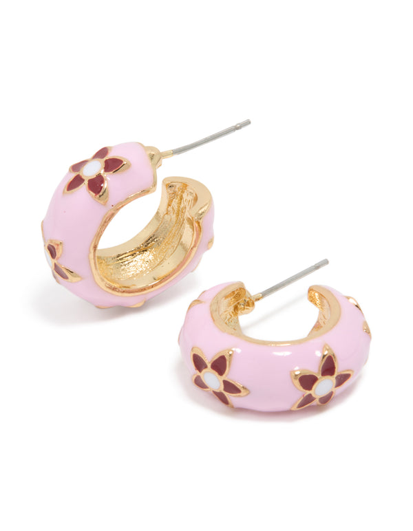 Gold Pink Acrylic Flower Huggie Earrings