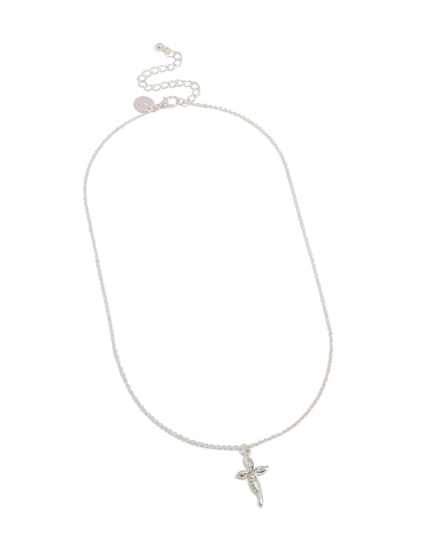 Elevate your look with a silver diamante twist cross pendant necklace featuring a statement design in front view