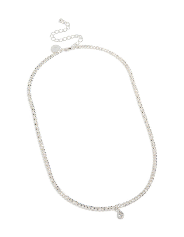 Crafted with silver pear diamante drop cuban link necklace featuring charm and statement design front view