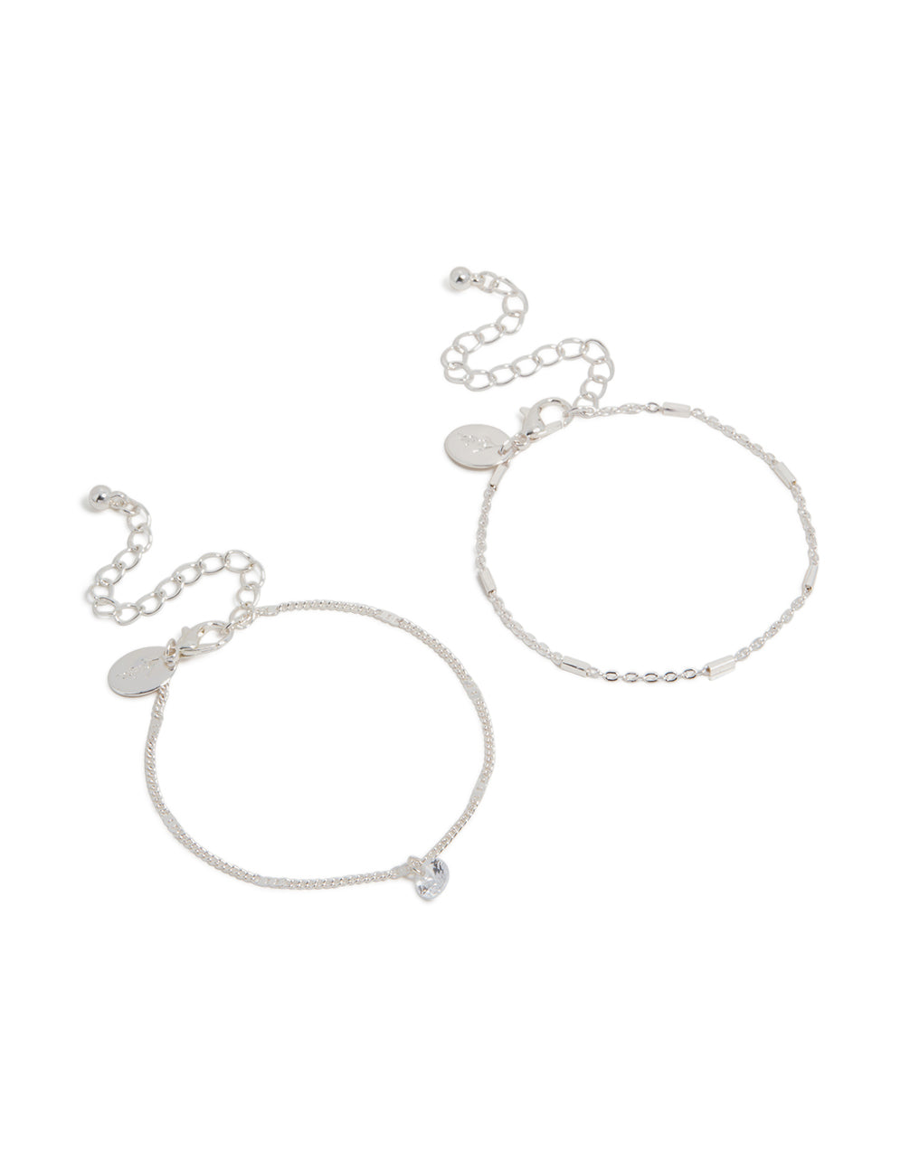Elegant silver cubic zirconia drop and chain bracelets in 2-pack front view