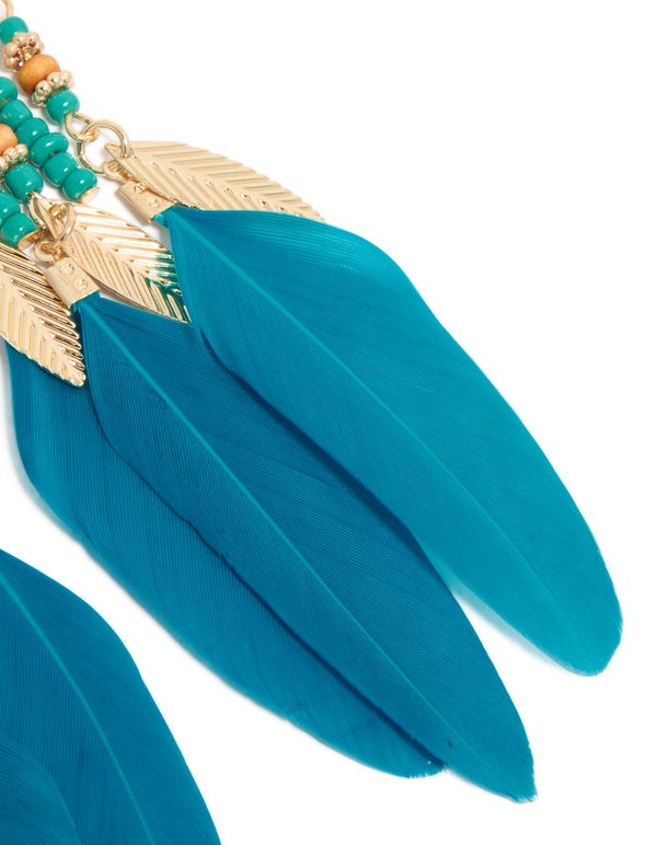 Blue Feather & Beaded Drop Earrings