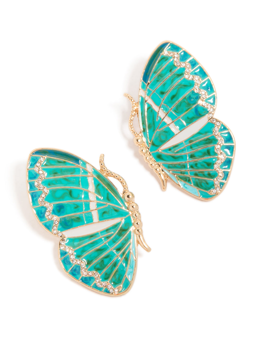 Showcasing dainty gold aqua enamel butterfly stud earrings featuring turquoise and clear stones front view