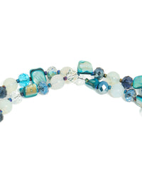 Showcasing an irregular double layered statement necklace with beads, ocean-inspired detailing in turquoise, navy, pale turquoise, and teal close up view - link has visual effect only
