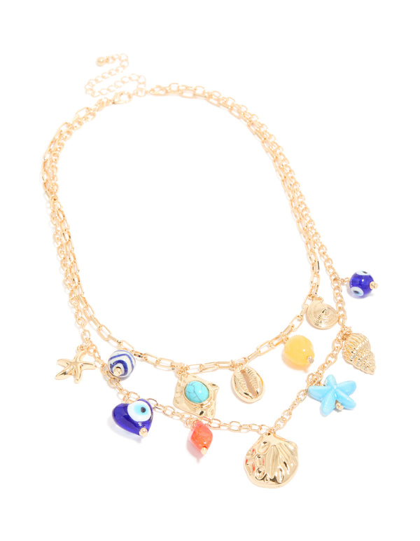 Gold Evil Eye & Sea Charm Layered  Necklace