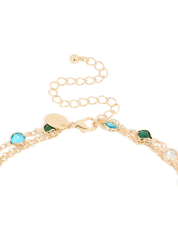 Gold See Through Glass Stone & Cross Layered Y-Necklace