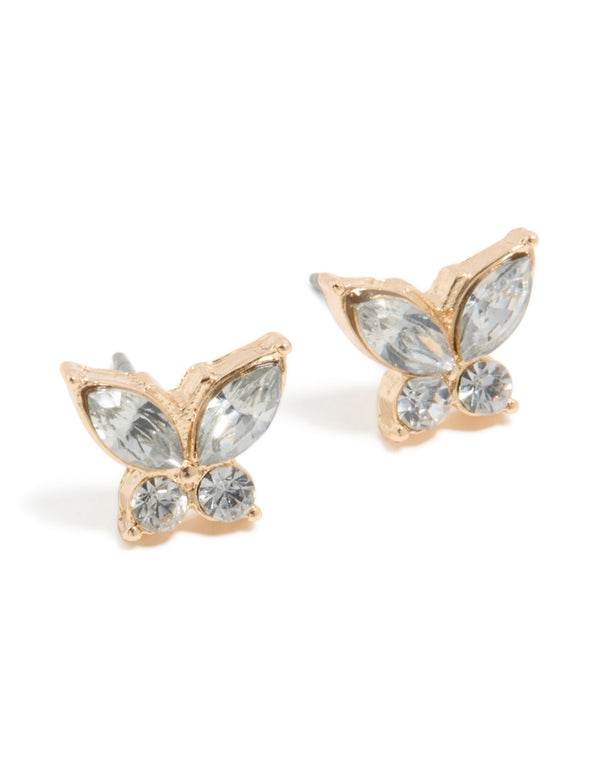 Showcasing dainty stud earrings with butterfly motifs featuring clear diamante stones in a gold finish front view