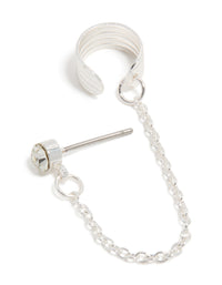 Showcasing a diamante ribbed cuff and stud earring with stud closure in silver front view - link has visual effect only