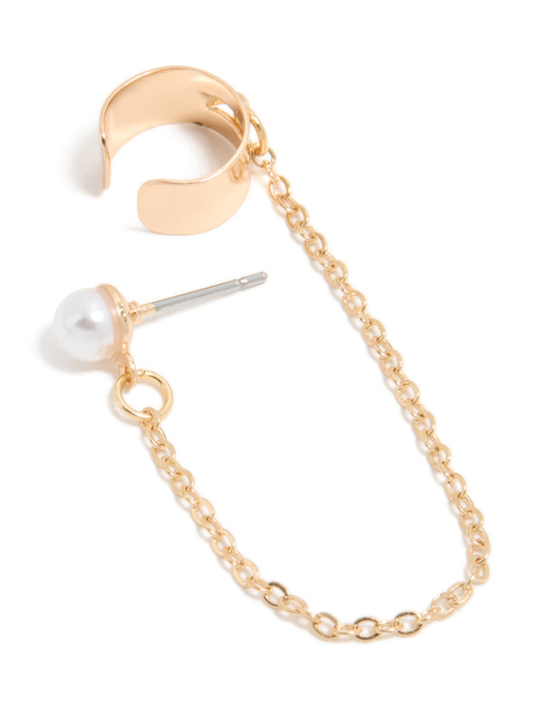 Gold Chain Ear Cuff & Pearl Stud Earring