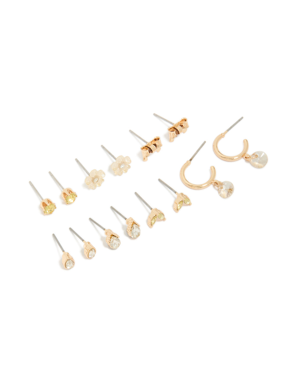 Showcasing a gold flower and bow earrings 7-pack in stud and hoop closures front view