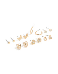 Discover this gold diamante flower ,heart and butterfly design stud earrings 7-pack and stud closure front view - link has visual effect only