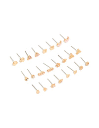 Showcasing gold diamante earrings in a 12-pack featuring pearl, celestial, floral, and moon designs, enamel material, and stud closure in front view - link has visual effect only