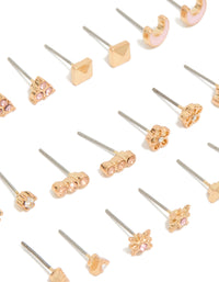 Displayed gold diamante earrings in a 12-pack with celestial, pearl, moon, and floral motifs, enamel material, and stud closure in close up view - link has visual effect only