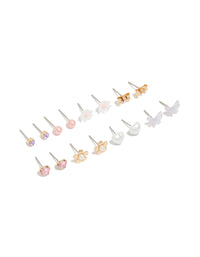 Discover this gold diamante earrings 8-pack featuring butterfly, bow, floral, heart and pearl stud closure in pink white lavender front view - link has visual effect only