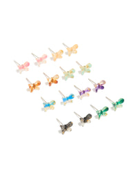Discover statement stud earrings in a multicoloured acrylic 8-pack featuring butterfly with glitter accents front view - link has visual effect only