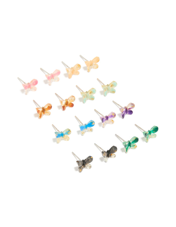 Discover statement stud earrings in a multicoloured acrylic 8-pack featuring butterfly with glitter accents front view