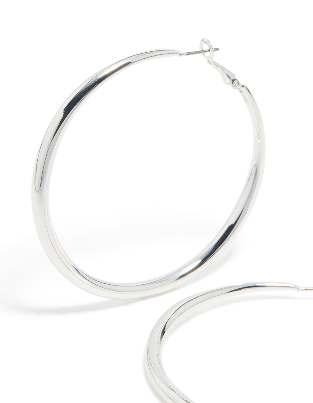 Designed with silver plated dome hoop earrings featuring closure in silver close up view