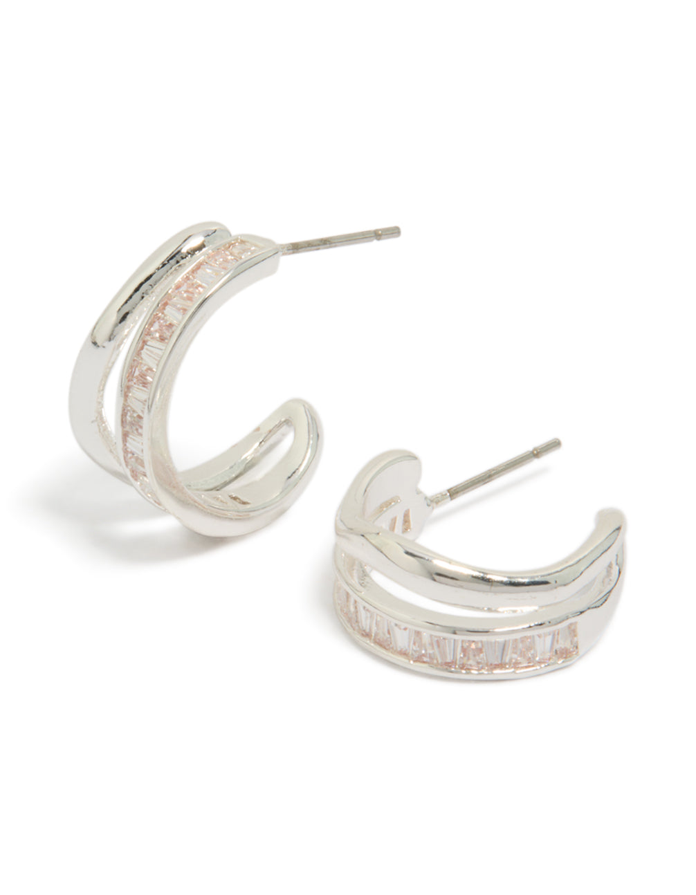 Showcasing statement hoop earrings crafted from silver plated material with cubic zirconia baguette cut stones front view