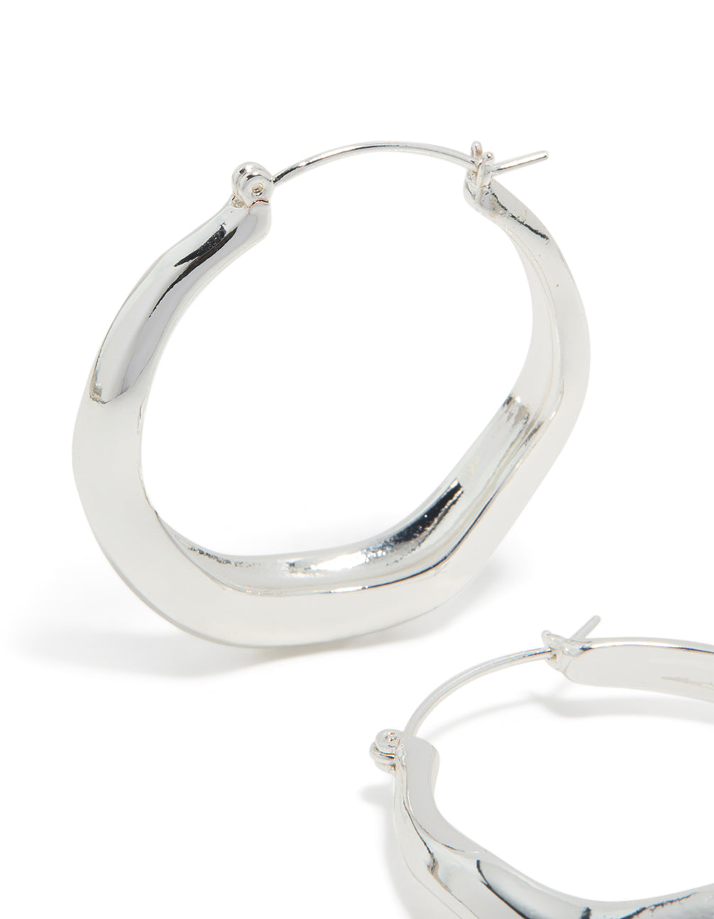 Designed with silver plated large hoop earrings featuring pendant closure post detail view