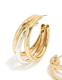 Featuring statement large illusion hoop earrings with gold and silver plated finish close up view - link has visual effect only