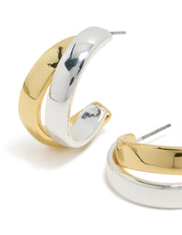 Designed with mixed metal plated layered medium hoop earrings in gold and silver close up view - link has visual effect only