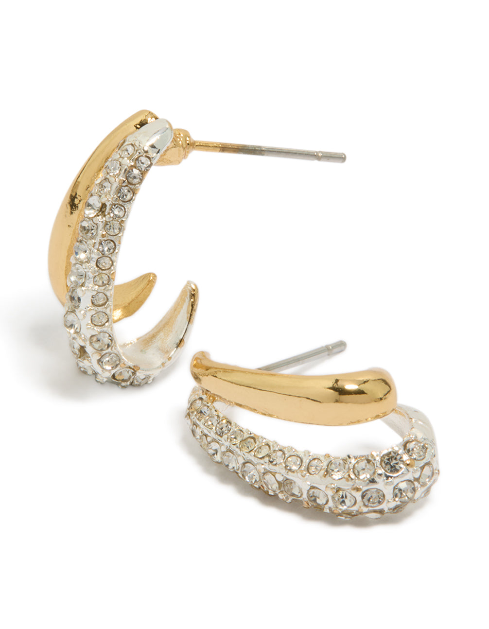 Beautifully crafted mixed metal double layered diamante earrings in gold and silver plated statement style front view