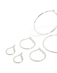Featuring silver plated fine thin hoop earrings in a 4-pack with hoop closure close up view - link has visual effect only