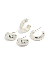Silver Plated Cubic Zirconia Bezel & Chubby Open Hoop Earrings 2-Pack - link has visual effect only