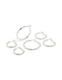 Featuring silver plated thick hoop earrings in a statement and chunky 3-pack front view - link has visual effect only
