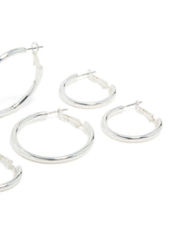 Explore silver plated thick hoop earrings in a statement and chunky 3-pack post detail view - link has visual effect only