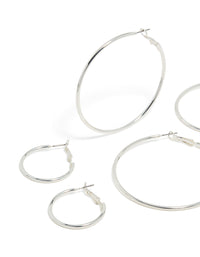 Featuring silver plated plain hoop earrings in a 3-pack close up view - link has visual effect only
