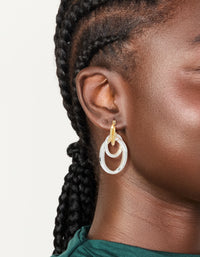 Mixed metal plated double link illusion hoop earrings with statement style in gold and silver on ear view - link has visual effect only