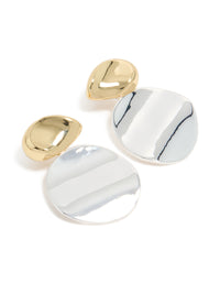 Featuring mixed metal plated statement disc drop earrings in gold and silver front view - link has visual effect only