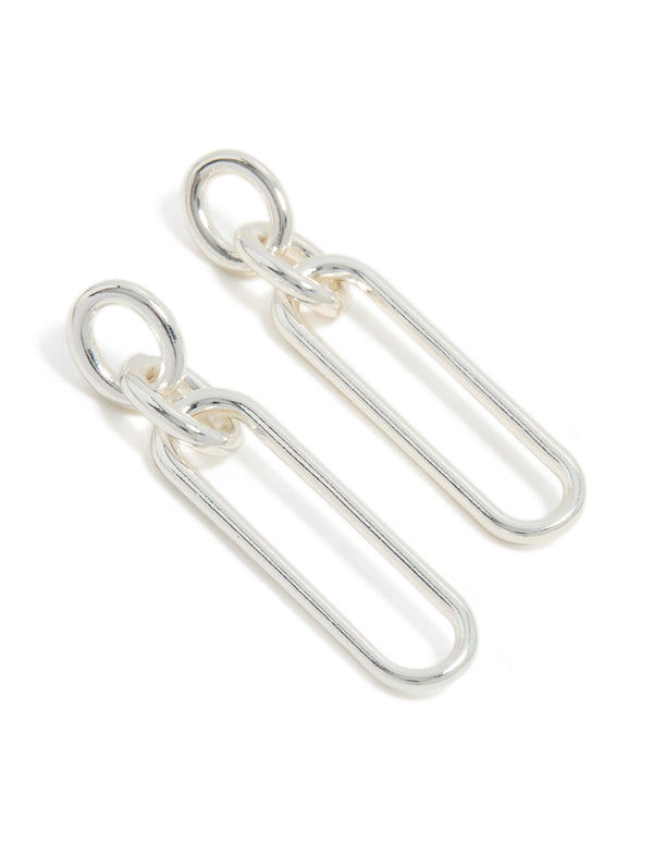 Featuring large oval link drop earrings in statement style with silver plated finish front view