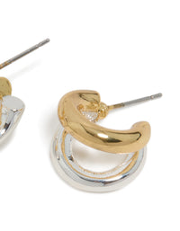 Highlighting mixed metal plated double hoop earrings in gold and silver with hoop closure post detail view - link has visual effect only