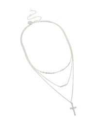 Beautifully crafted silver plated bar and cross layered necklace with balls, beads in dainty styling front view - link has visual effect only