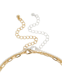 Showcasing a mixed metal layered necklace with paperclip chain, diamante accents in gold and silver plated finish clasp detail view - link has visual effect only