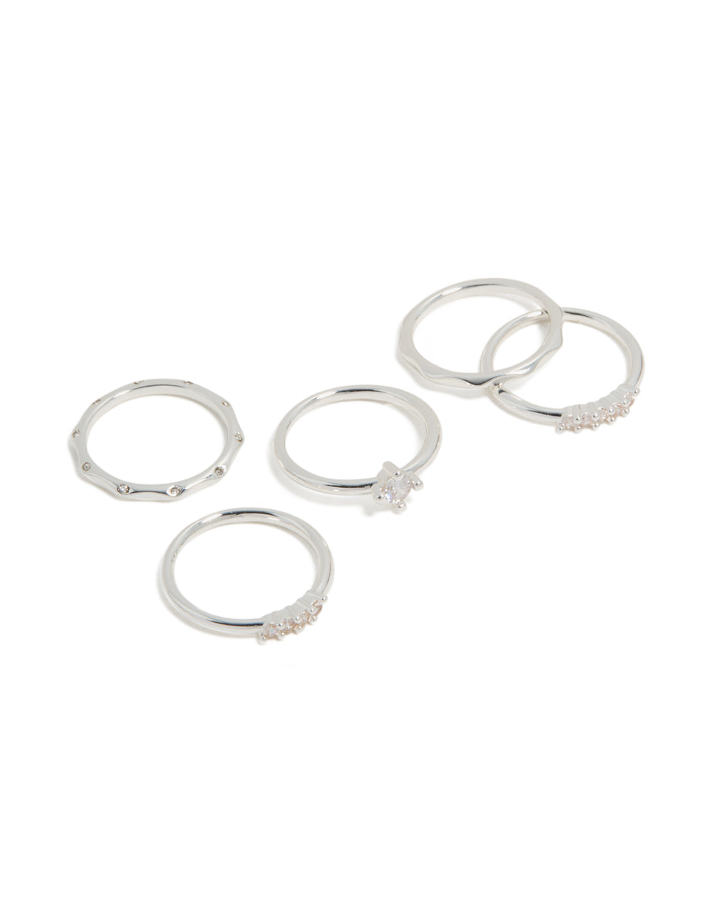 Featuring silver plated wavy and cubic zirconia detail rings 5-pack with solitaire stone cut in crystal front view