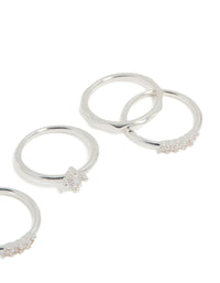 Designed with silver plated wavy and cubic zirconia detail rings 5-pack featuring solitaire stone cut in crystal side detail view - link has visual effect only