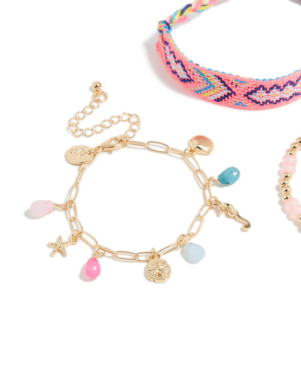 Gold Pink Beaded & Sea Charm Bracelets 3-Pack