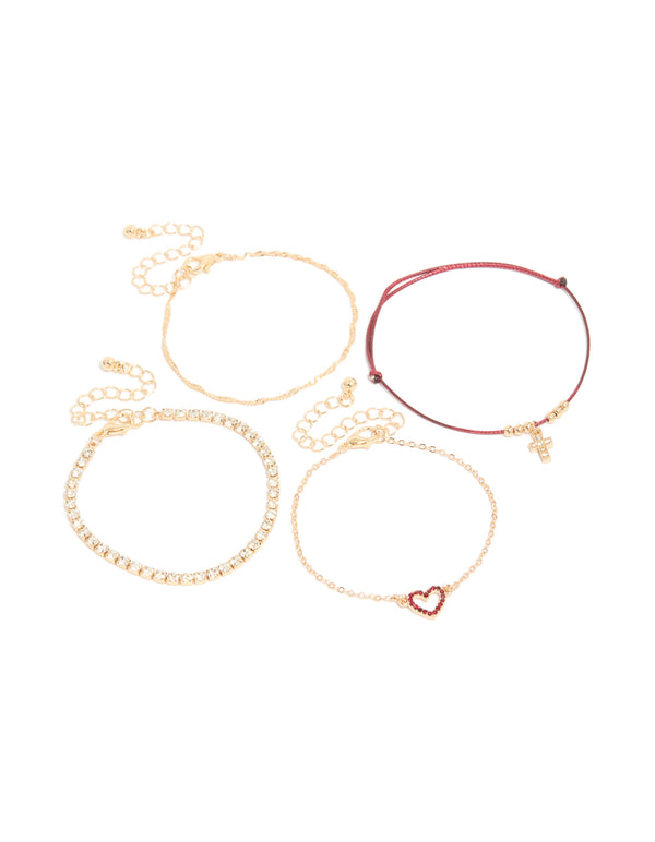 Gold Burgundy Cord & Heart Bracelets 4-Pack