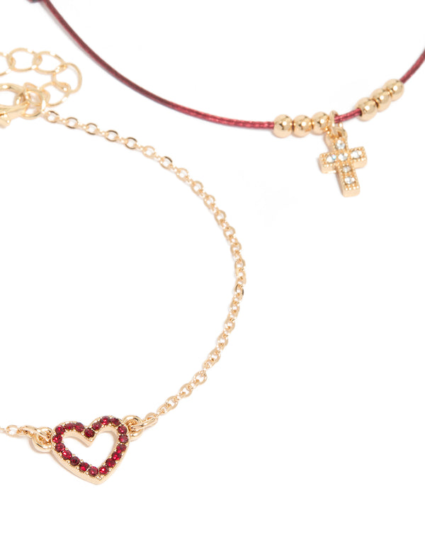 Gold Burgundy Cord & Heart Bracelets 4-Pack