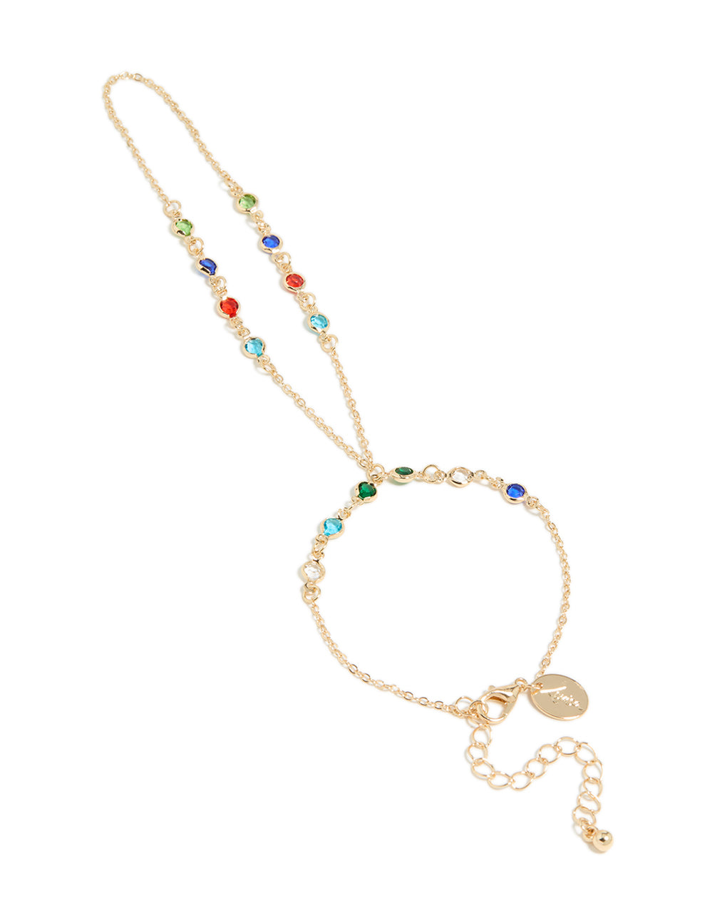 Showcasing a statement hand chain in multicolor diamantes featuring green, red, and blue stones front view