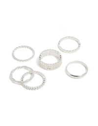 Showcasing a silver plated mixed texture rings 6 pack front view - link has visual effect only