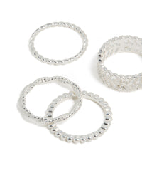 Featuring silver plated mixed texture rings 6 pack close up view - link has visual effect only