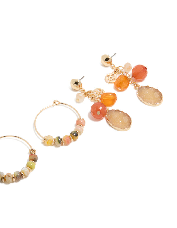 Gold Beaded Hoop & Drop Earrings 3-Pack