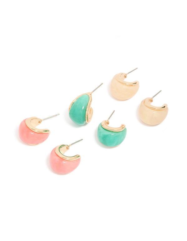 Gold Light Pink & Blue Enamel Bubble Hoop Earrings 3-Pack