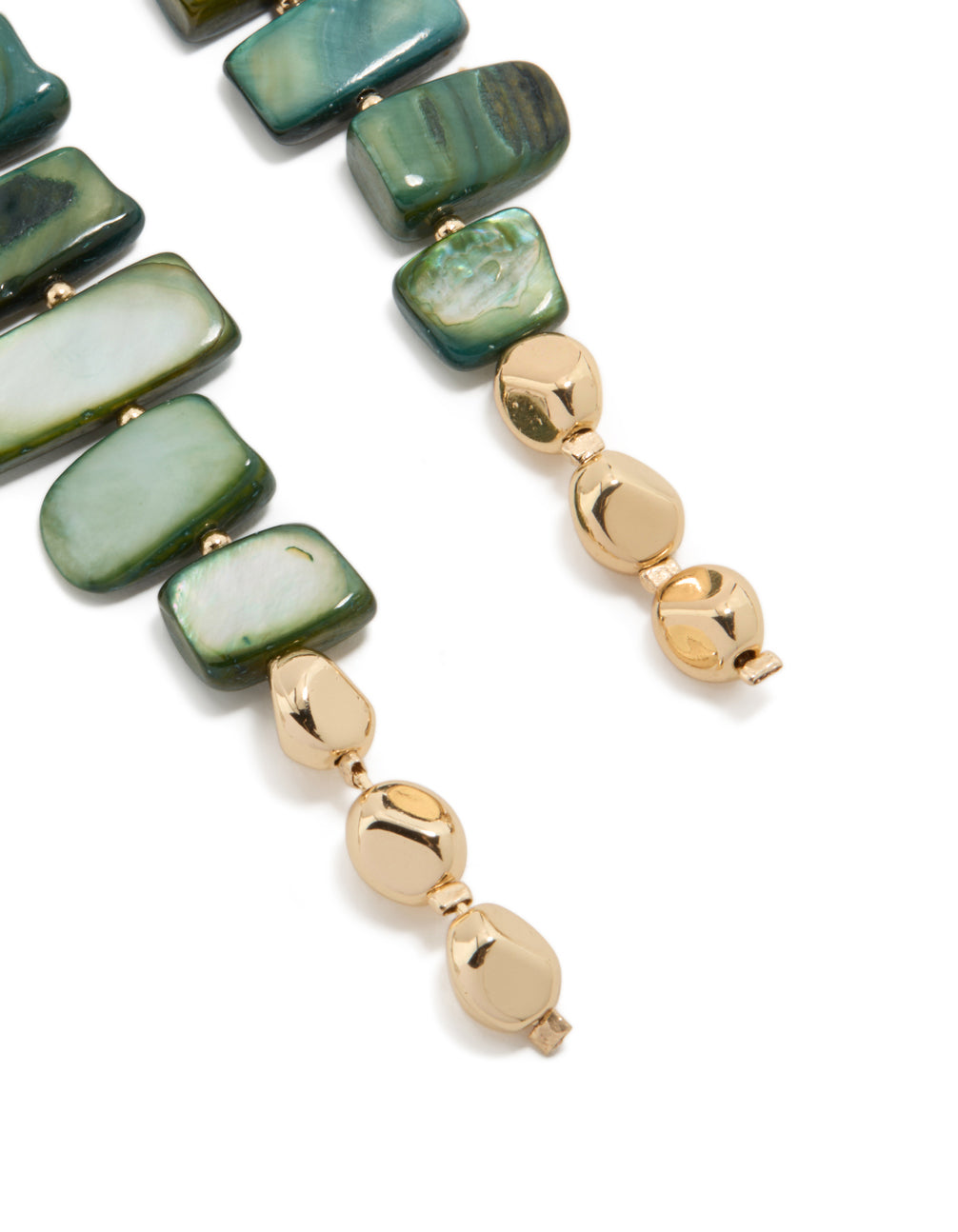 Stunning dark green acrylic irregular shaped drop earrings designed with beads in teal, pale green, and gold post detail view