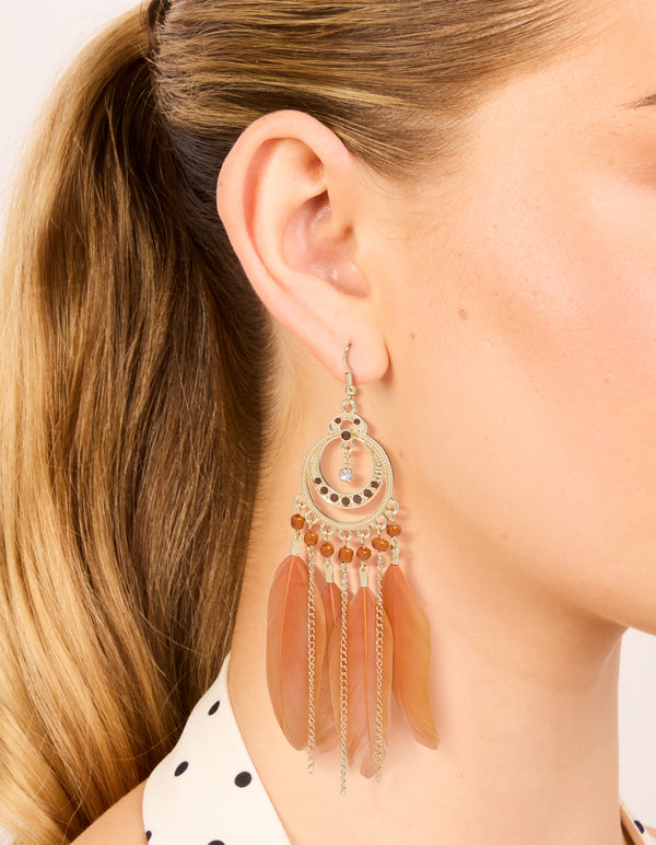 Gold Celestial Boho Orange Feather Drop Earrings