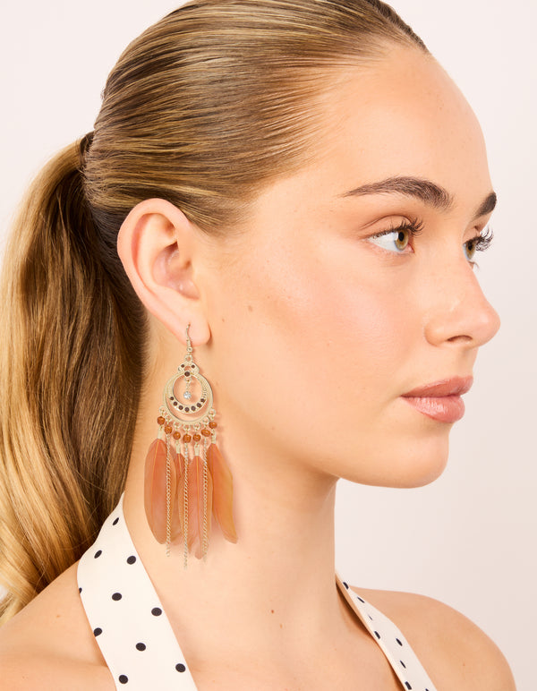 Gold Celestial Boho Orange Feather Drop Earrings
