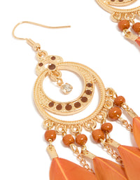 Gold Celestial Boho Orange Feather Drop Earrings - link has visual effect only